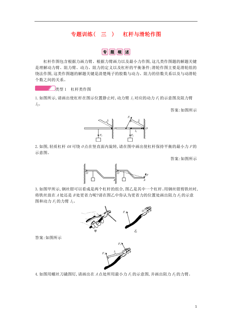 2020年春八年級物理全冊 第十章 機械與人專題訓練（三）杠桿與滑輪作圖分層精煉 （新版）滬科版_第1頁