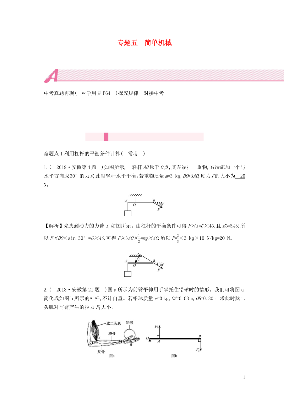 安徽省2020年中考物理總復(fù)習(xí) 模塊四 力學(xué) 專題五 簡(jiǎn)單機(jī)械_第1頁