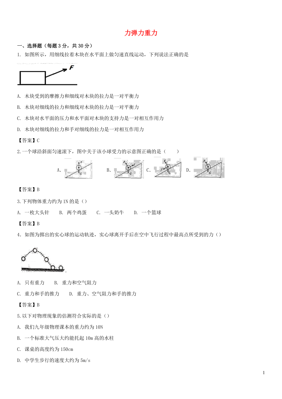 2019屆中考物理 第一輪 知識(shí)點(diǎn)復(fù)習(xí) 力 彈力 重力_第1頁(yè)