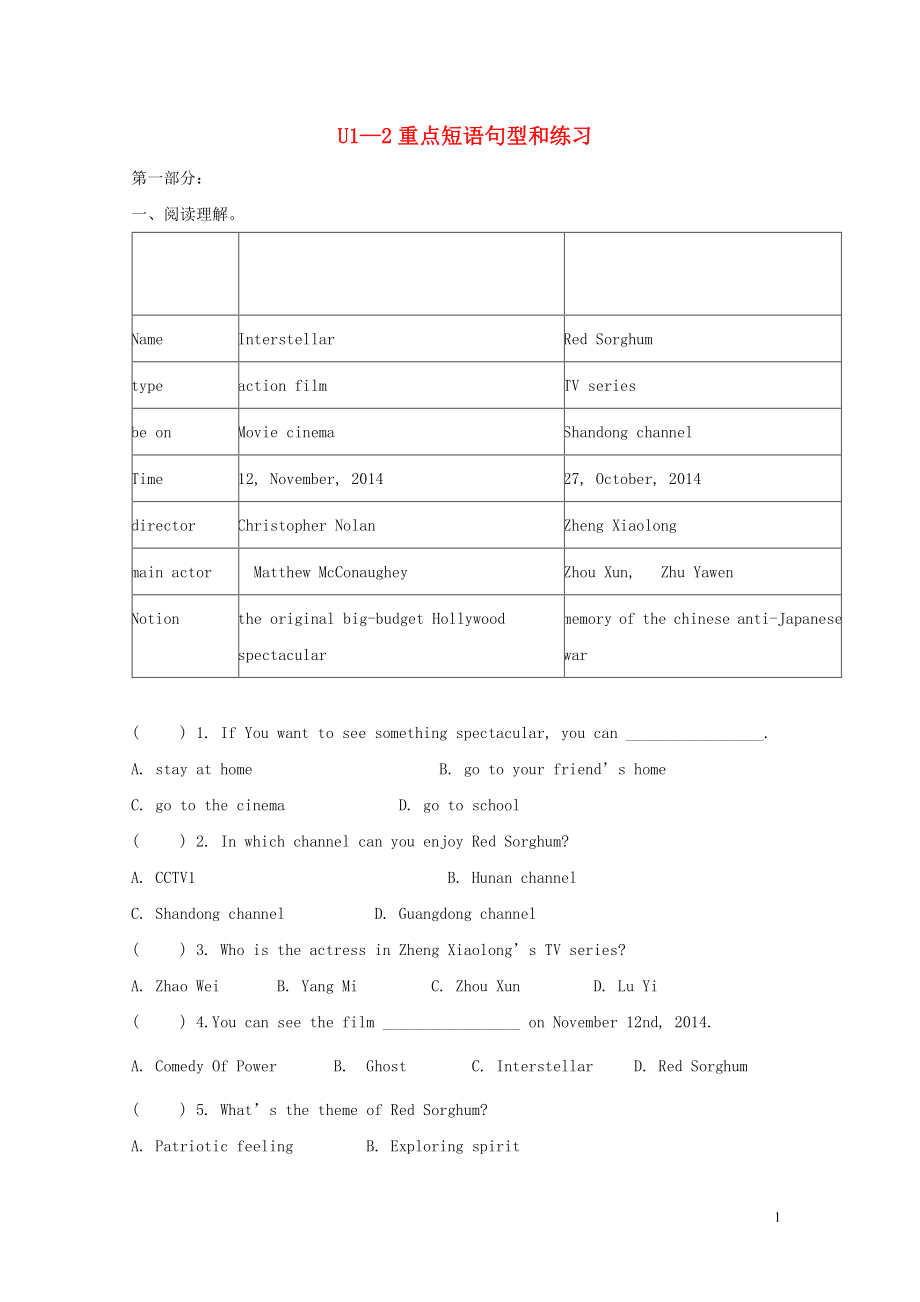 2019中考英語 八上 Unit 1-2重點(diǎn)短語句型和練習(xí) 人教新目標(biāo)版_第1頁