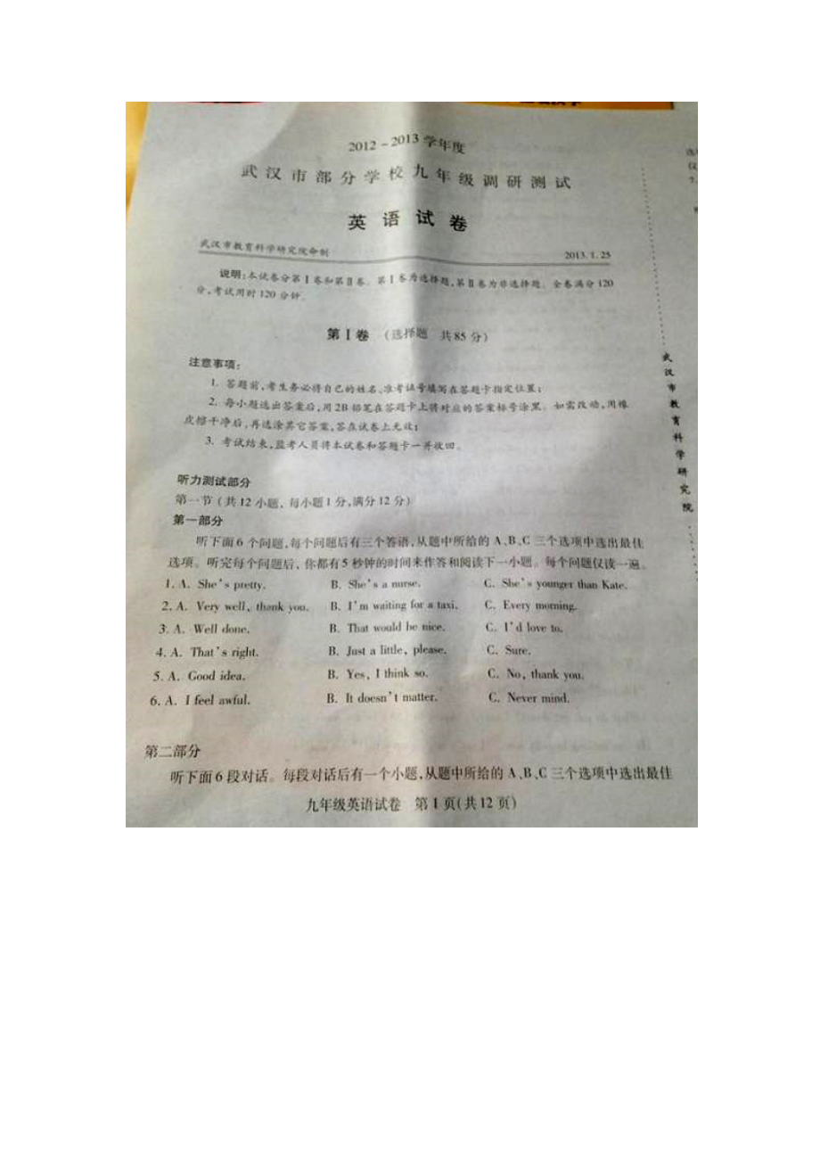 2013年武汉市元月调考考试_第1页