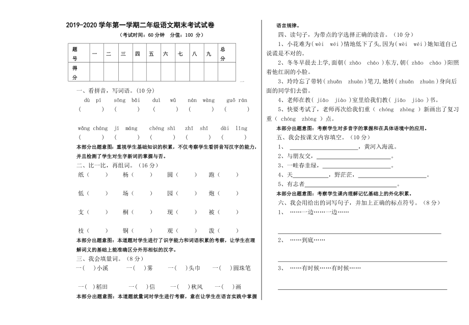 二年級上冊語文試題 - 2019-2020學(xué)年期末考試試卷 無答案 人教部編版(1)_第1頁