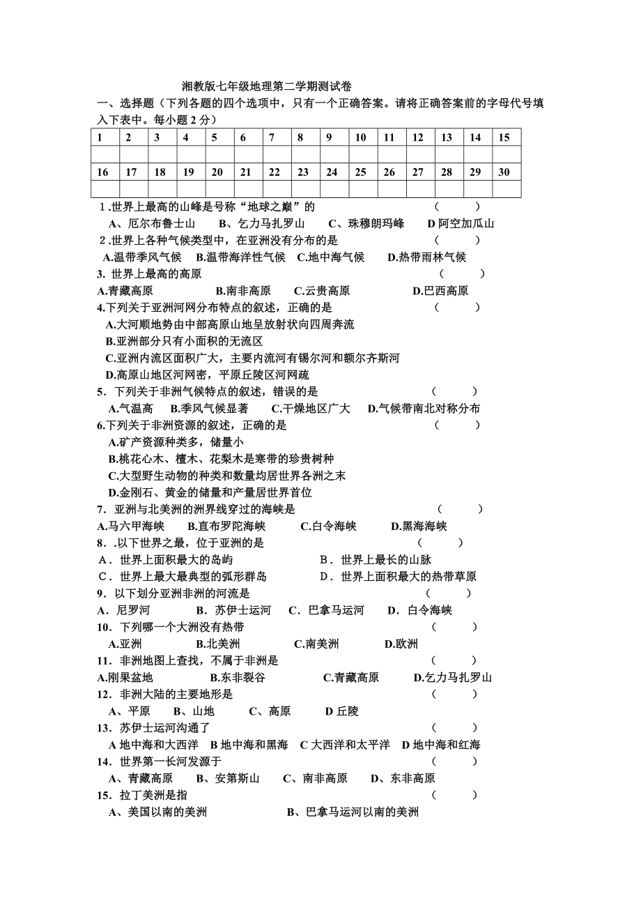 七年级下地理期中测试_第1页