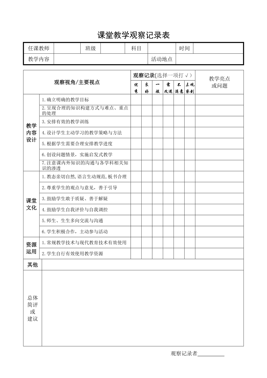 课堂教学观察记录表_第1页