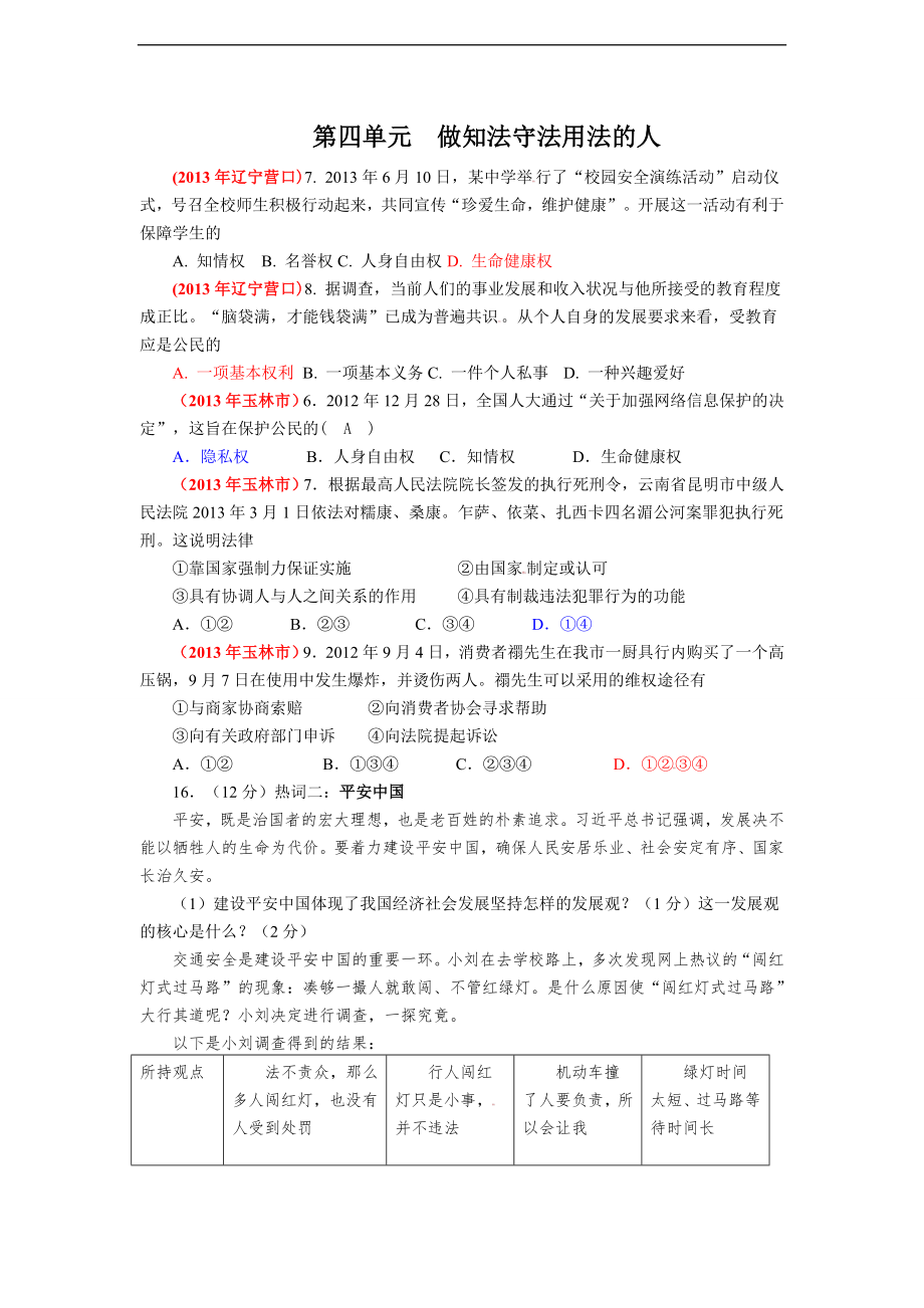 【備戰(zhàn)2014】2013年全國中考政治真題分類匯編人教版七年級政治下冊：第四單元做知法守法用法的人_第1頁