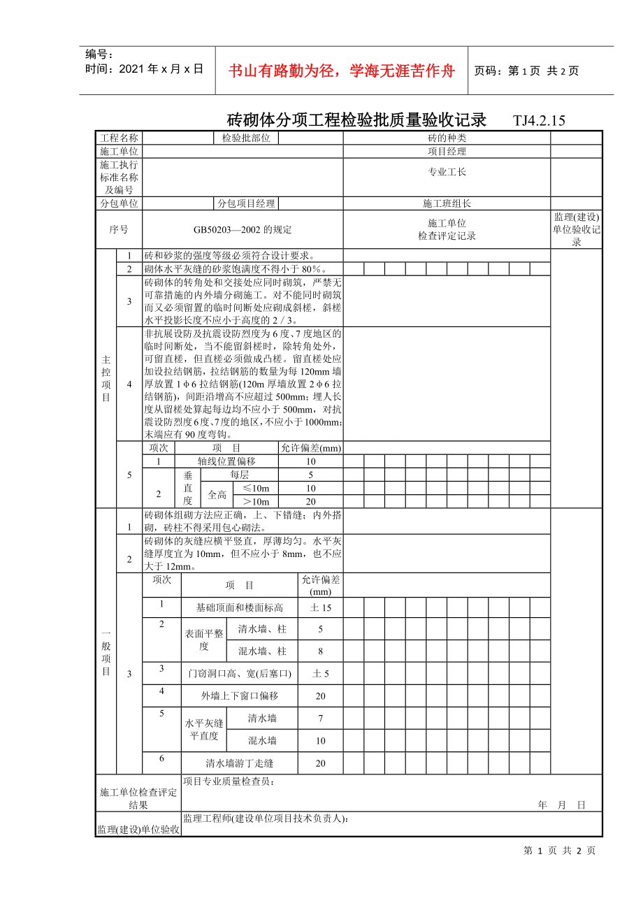 104 砖砌体分项工程检验批质量验收记录 TJ4-2-15_第1页