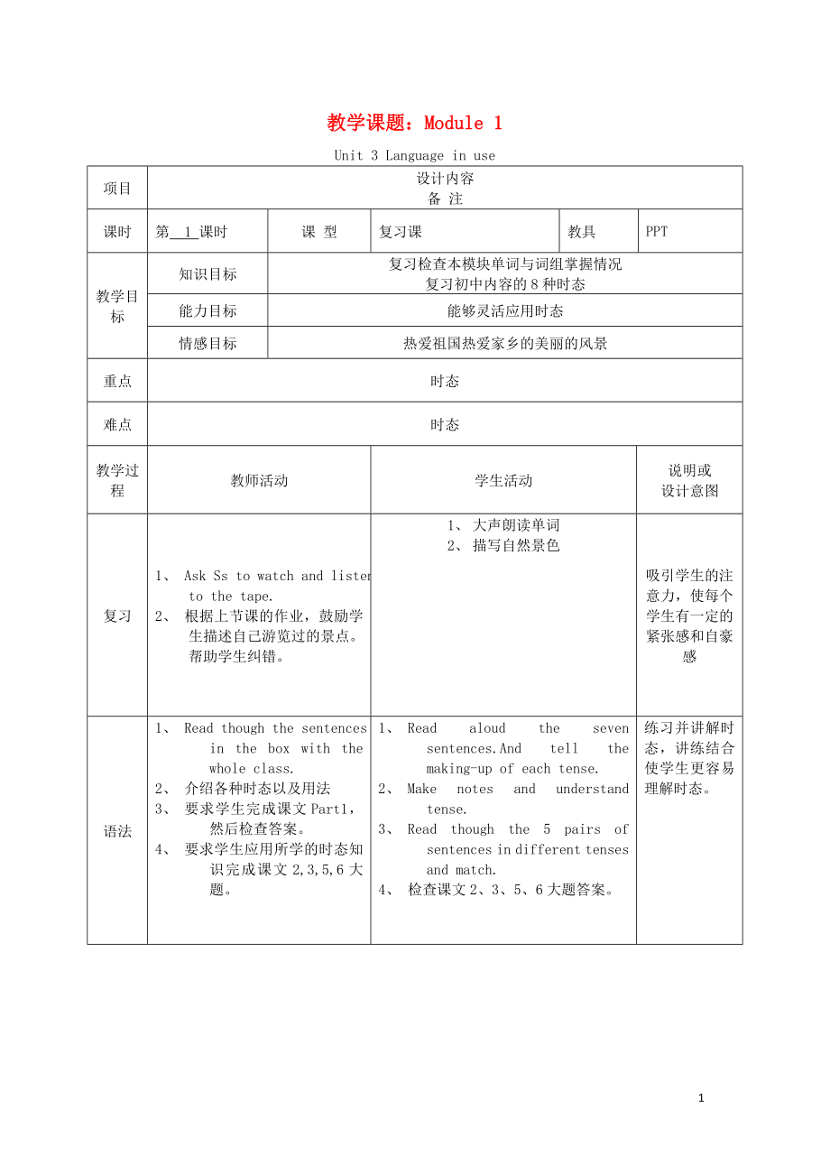 2019學(xué)年九年級(jí)英語(yǔ)上冊(cè) Module 1 Wonders of the world Unit 3 Language in use教案 （新版）外研版_第1頁(yè)