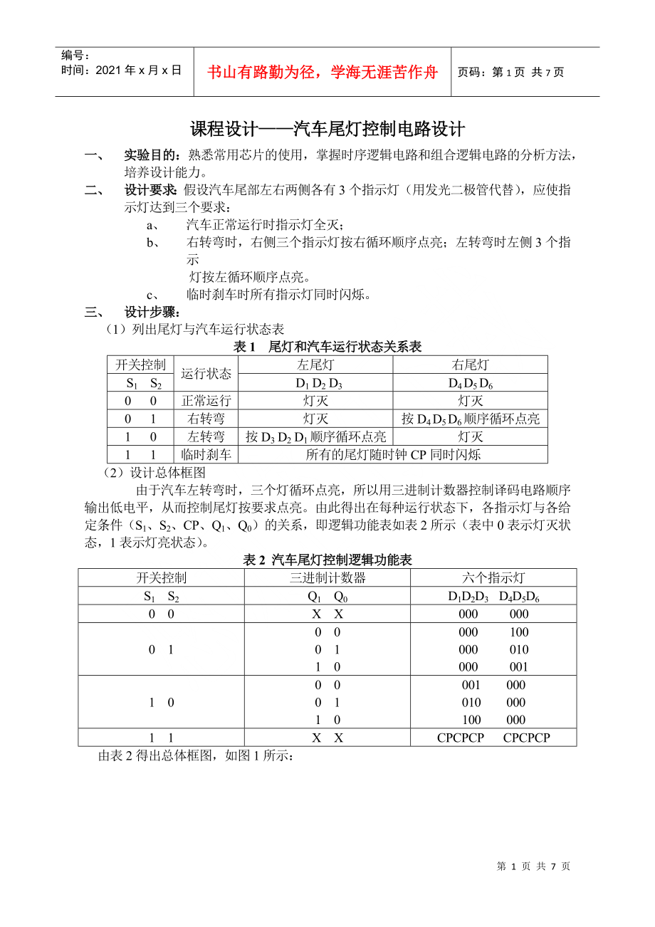 汽车尾灯控制电路设计(09修改)_第1页