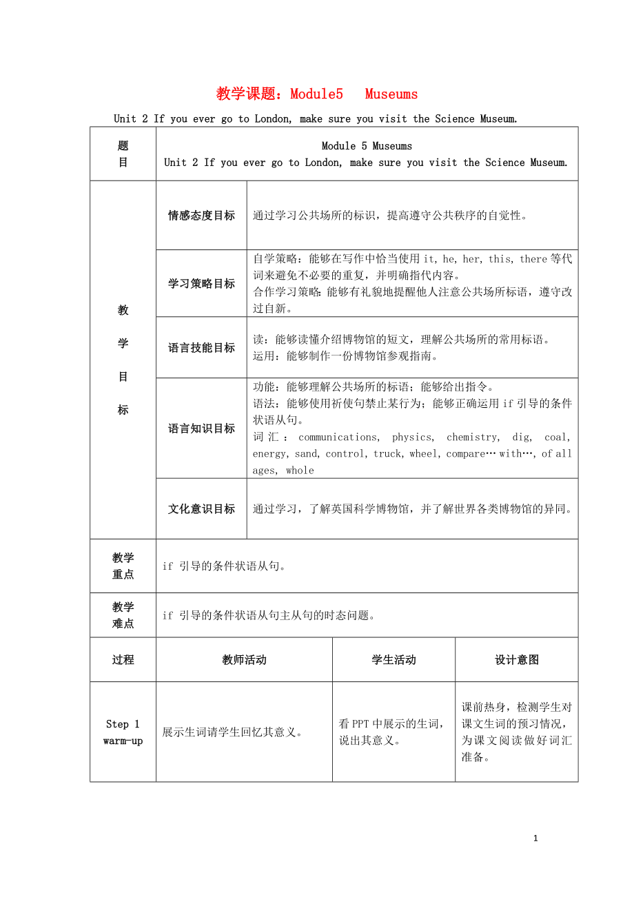 2019學(xué)年九年級(jí)英語(yǔ)上冊(cè) Module 5 Museums Unit 2 If you ever go to Londonmake sure you visit the Science Museum教案 （新版）外研版_第1頁(yè)