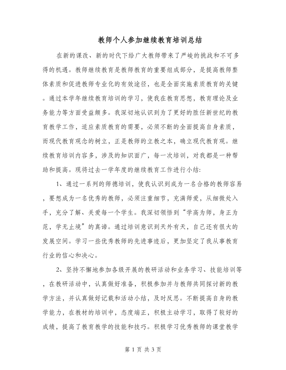 教师个人参加继续教育培训总结_第1页