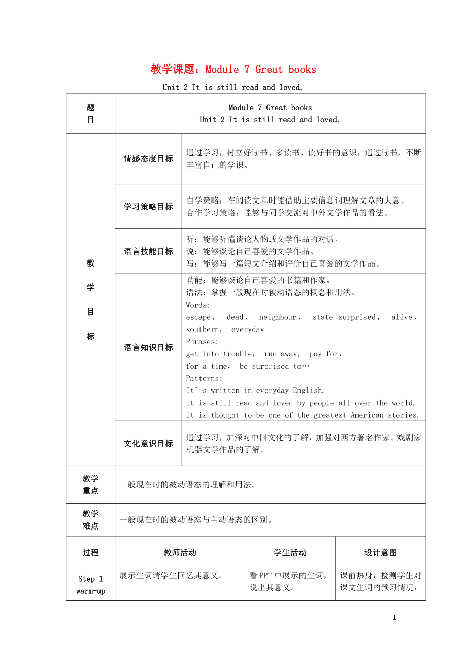 2019學(xué)年九年級英語上冊 Module 7 Great books Unit 2 It is still read and loved教案 （新版）外研版_第1頁