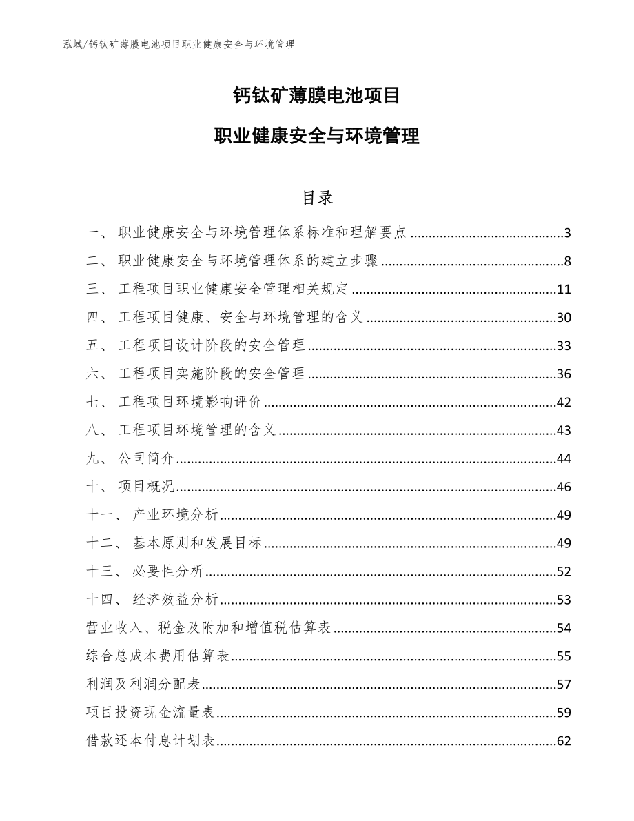 钙钛矿薄膜电池项目职业健康安全与环境管理【范文】_第1页