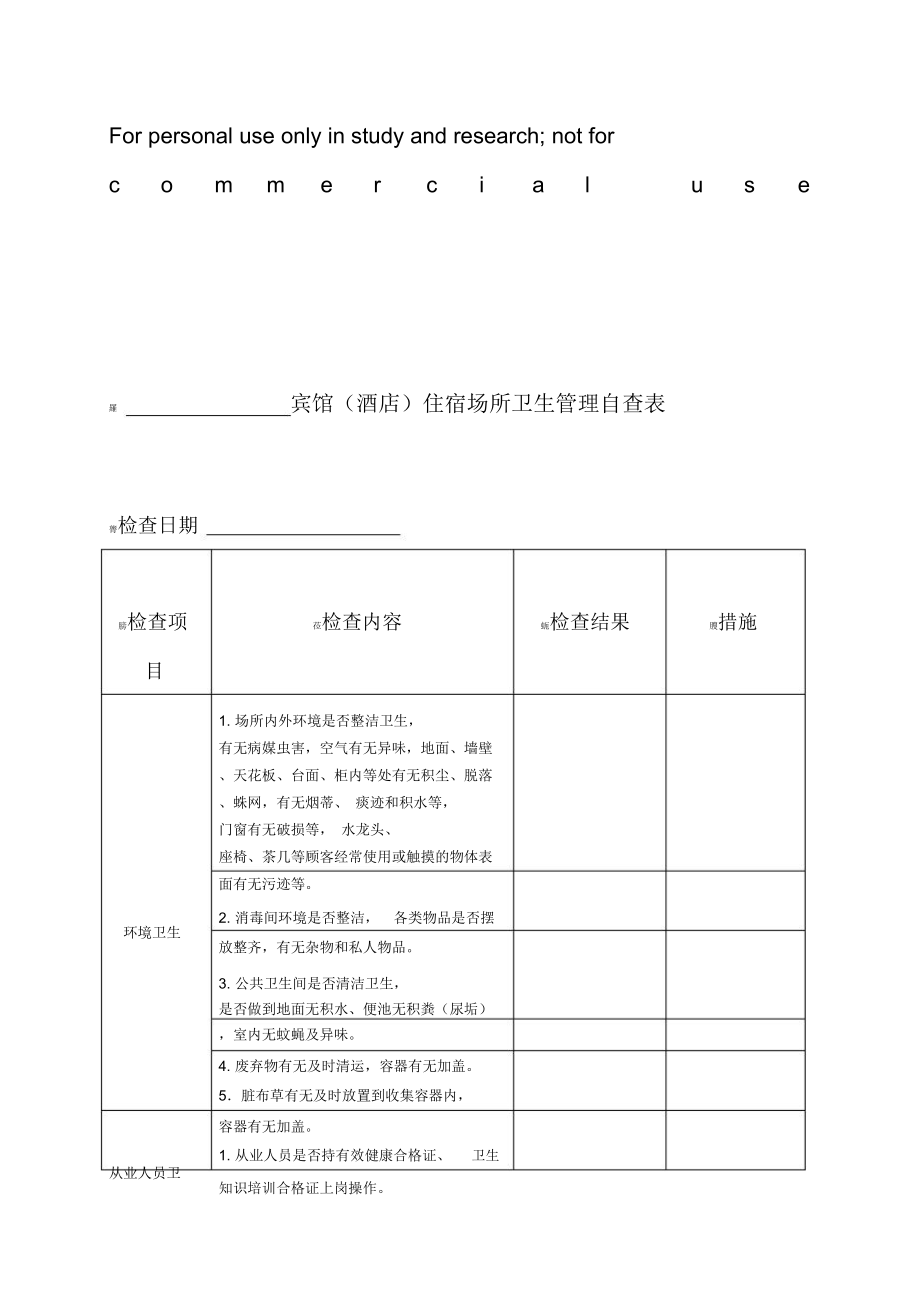 宾馆住宿场所卫生管理自查表_第1页