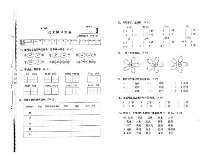 二年級(jí)上冊(cè)語(yǔ)文試題- 期末復(fù)習(xí)—第二單元卷 人教部編版（圖片版 無(wú)答案）_第1頁(yè)