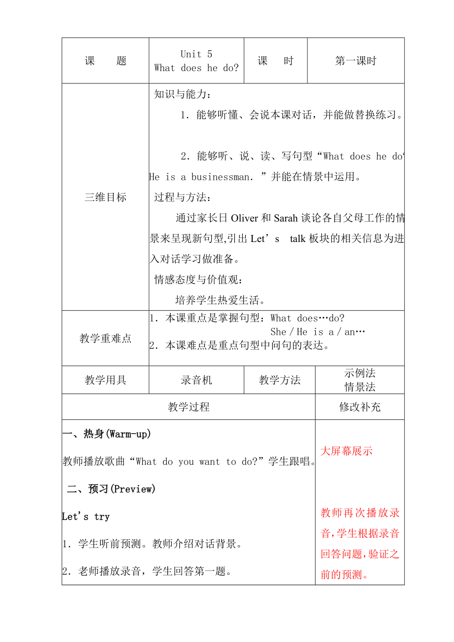 六年級(jí)上冊(cè)英語教案－Unit5 What does he do Part A｜人教（PEP）（2014秋）_第1頁