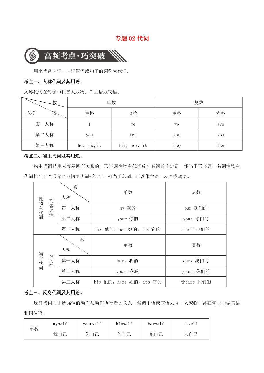 2020年中考英語語法語法高頻考點提升訓(xùn)練 專題2 代詞_第1頁