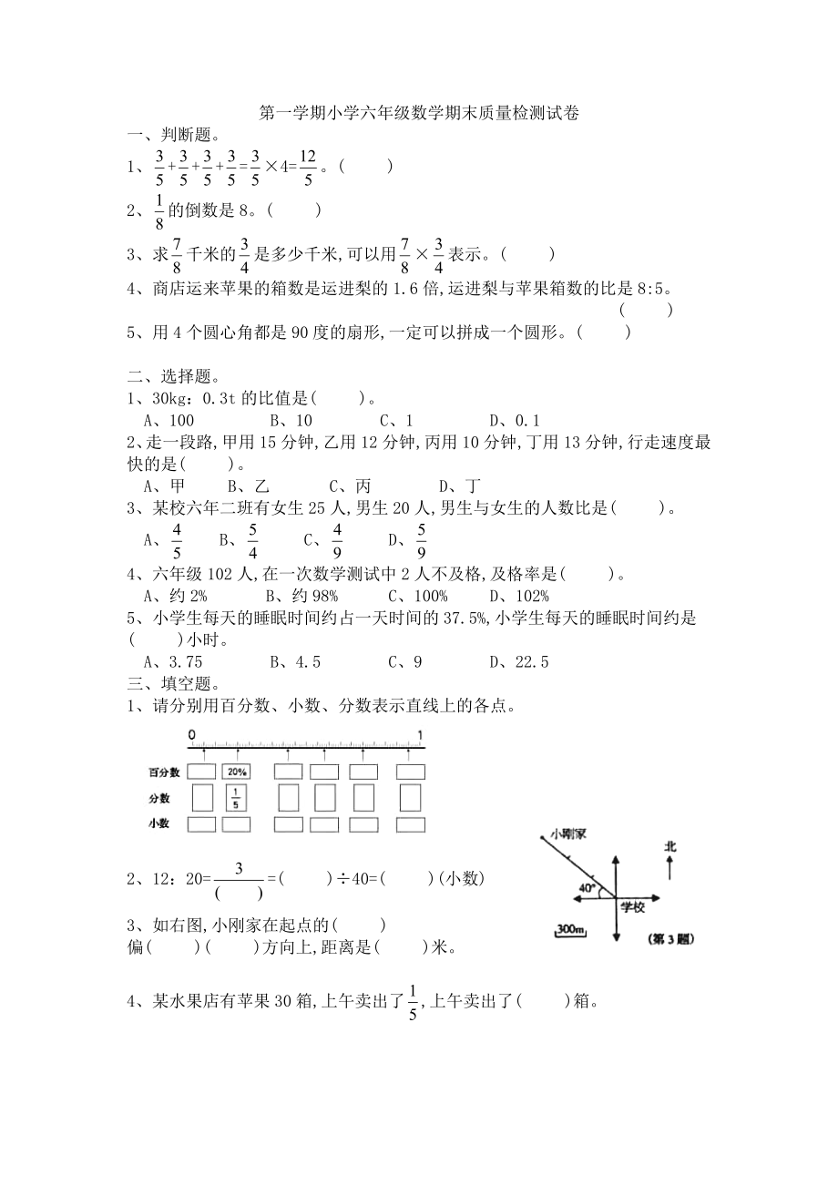 六年級(jí)上冊(cè)數(shù)學(xué)試題—期末試題 人教新課標(biāo)(2014秋)(無(wú)答案)_第1頁(yè)