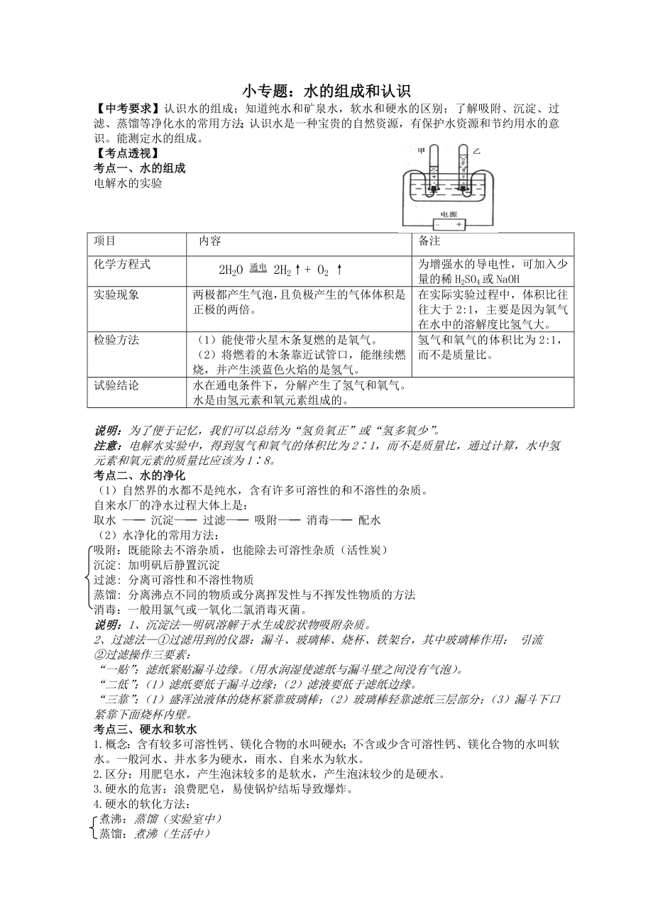 中考第一輪復(fù)習(xí)小專題：水的組成和認識_第1頁