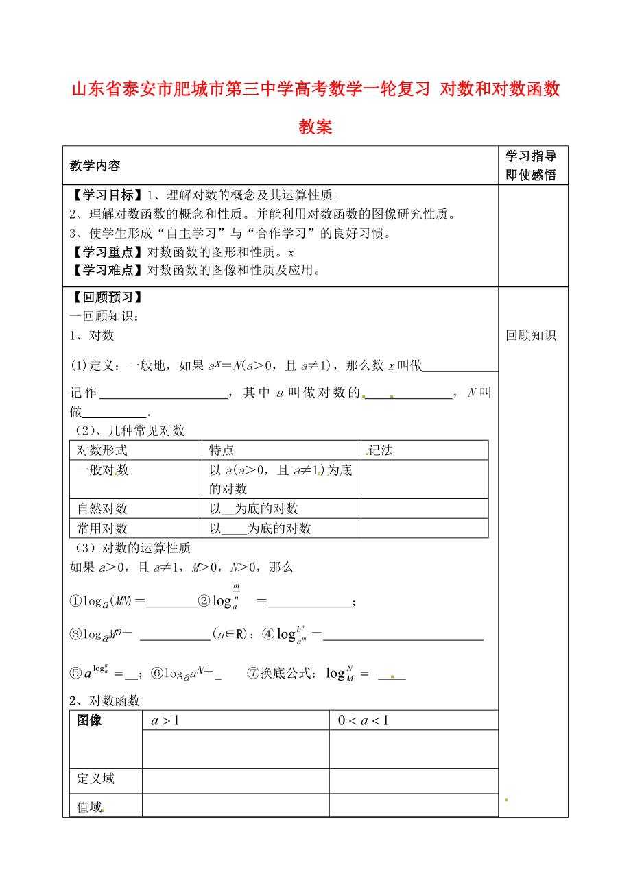 山東省泰安市肥城市第三中學高考數(shù)學一輪復習 對數(shù)和對數(shù)函數(shù)教案_第1頁