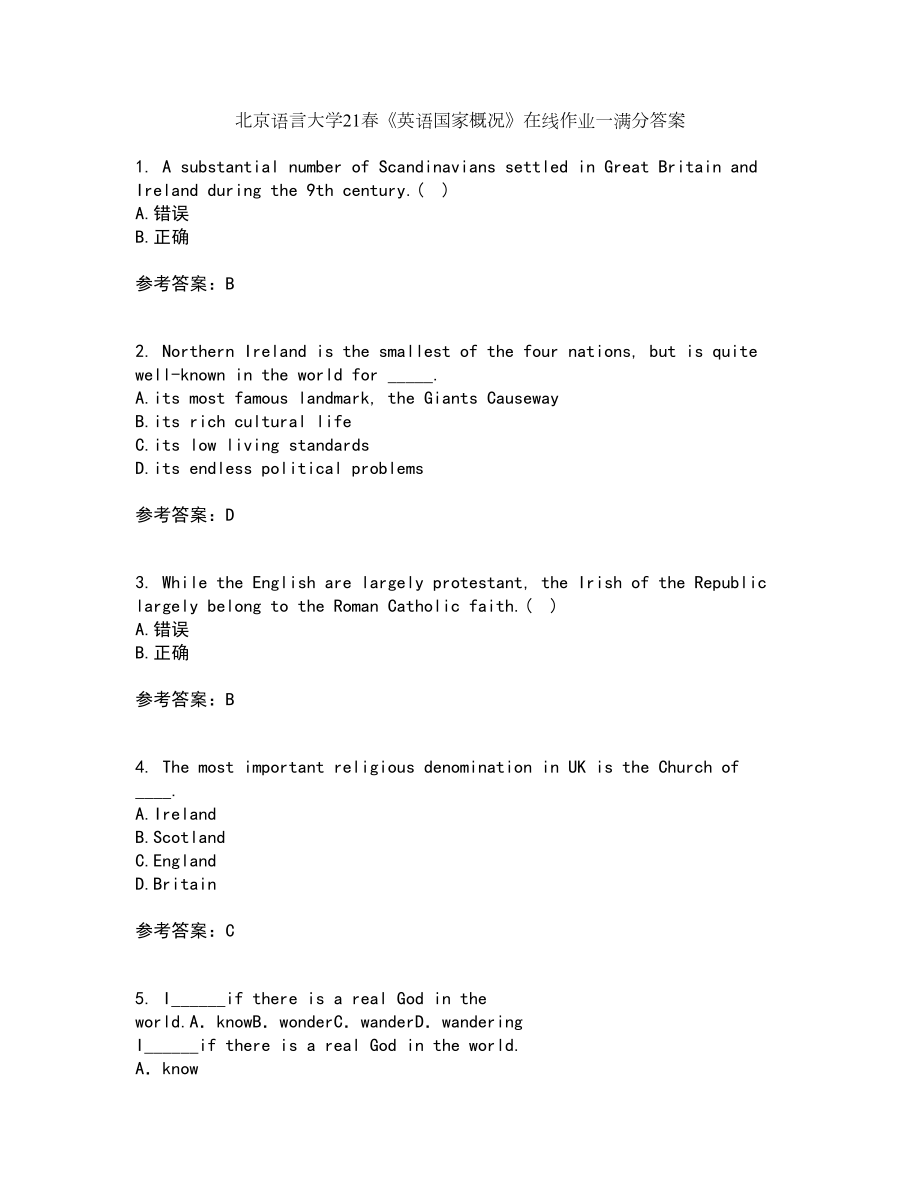北京语言大学21春《英语国家概况》在线作业一满分答案30_第1页