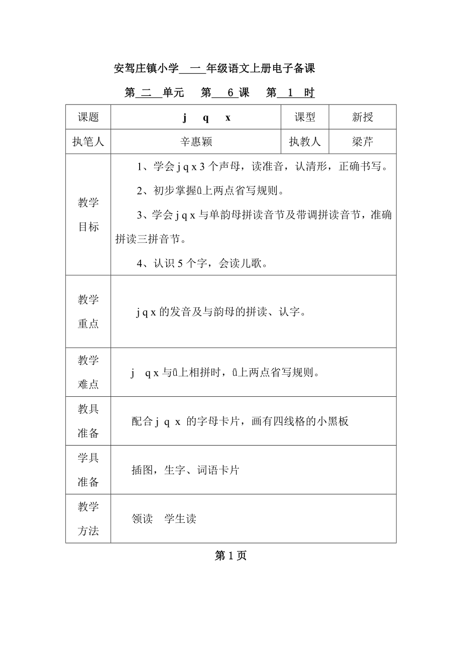 一年級語文漢語拼音j q x備課_第1頁