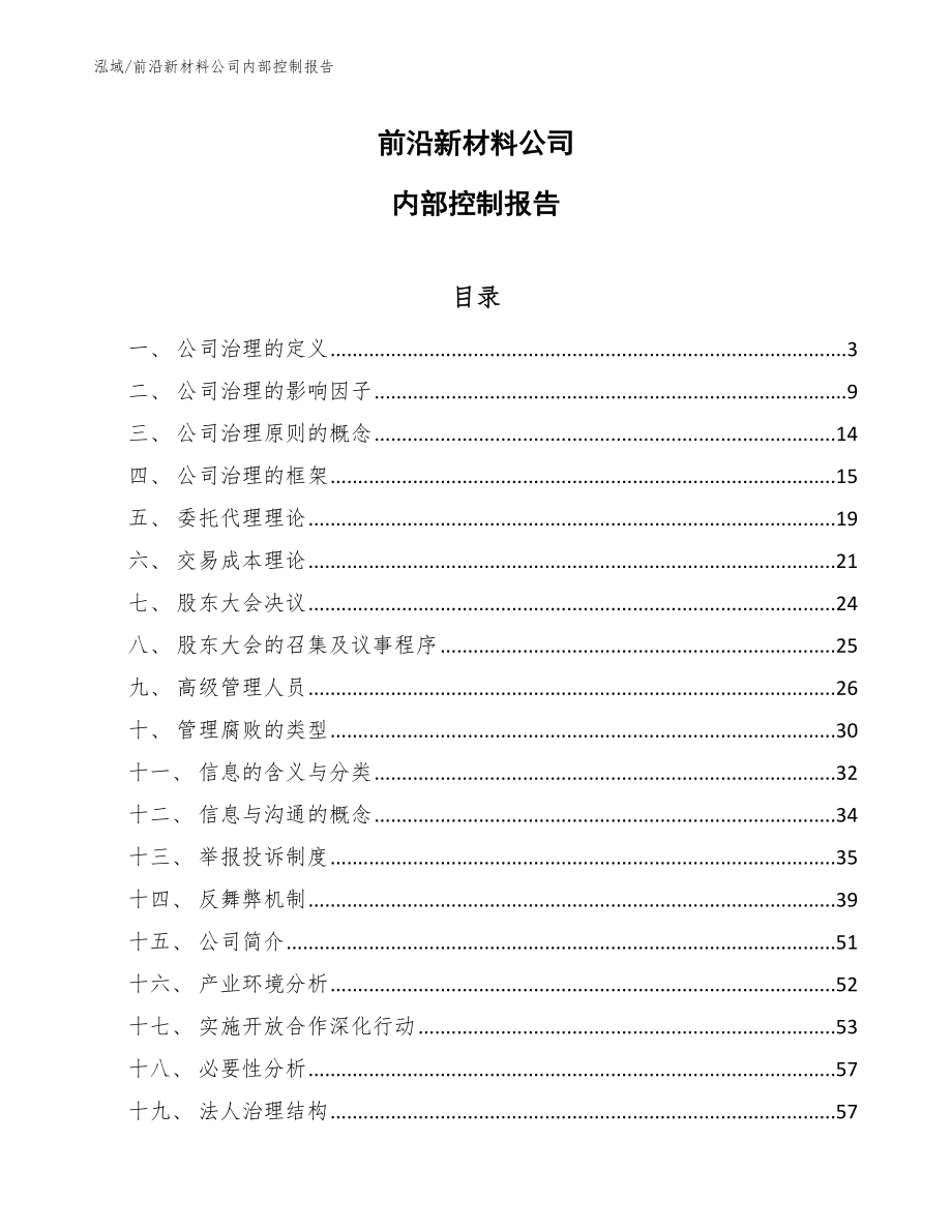 前沿新材料公司内部控制报告（范文）_第1页