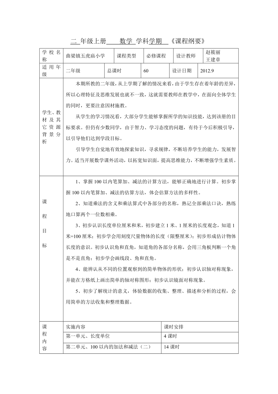 二 年級上冊數(shù)學(xué) 學(xué)科學(xué)期課程綱要_第1頁