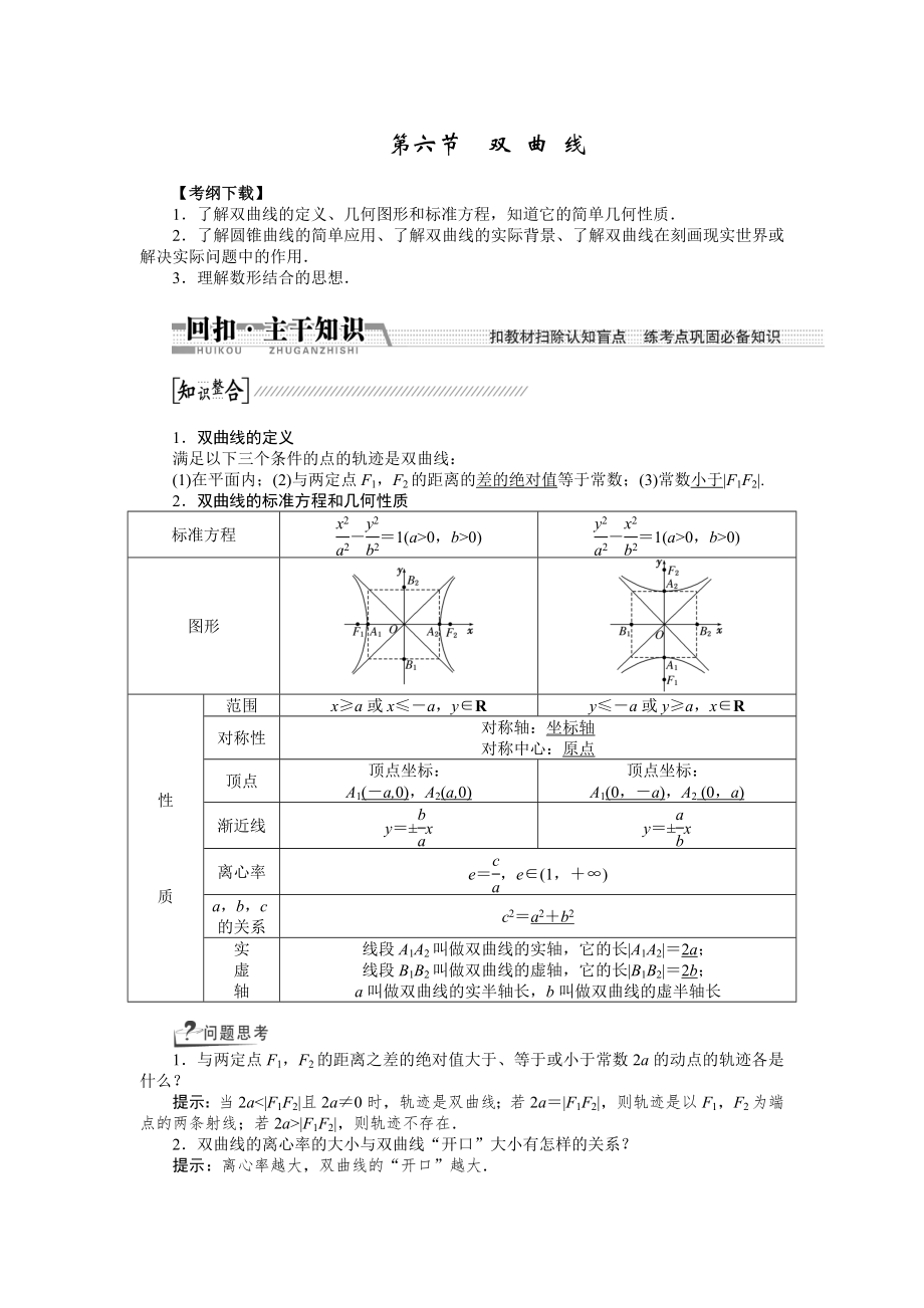 2015高考數(shù)學（理）一輪復習配套文檔：第8章 第6節(jié)　雙 曲 線_第1頁