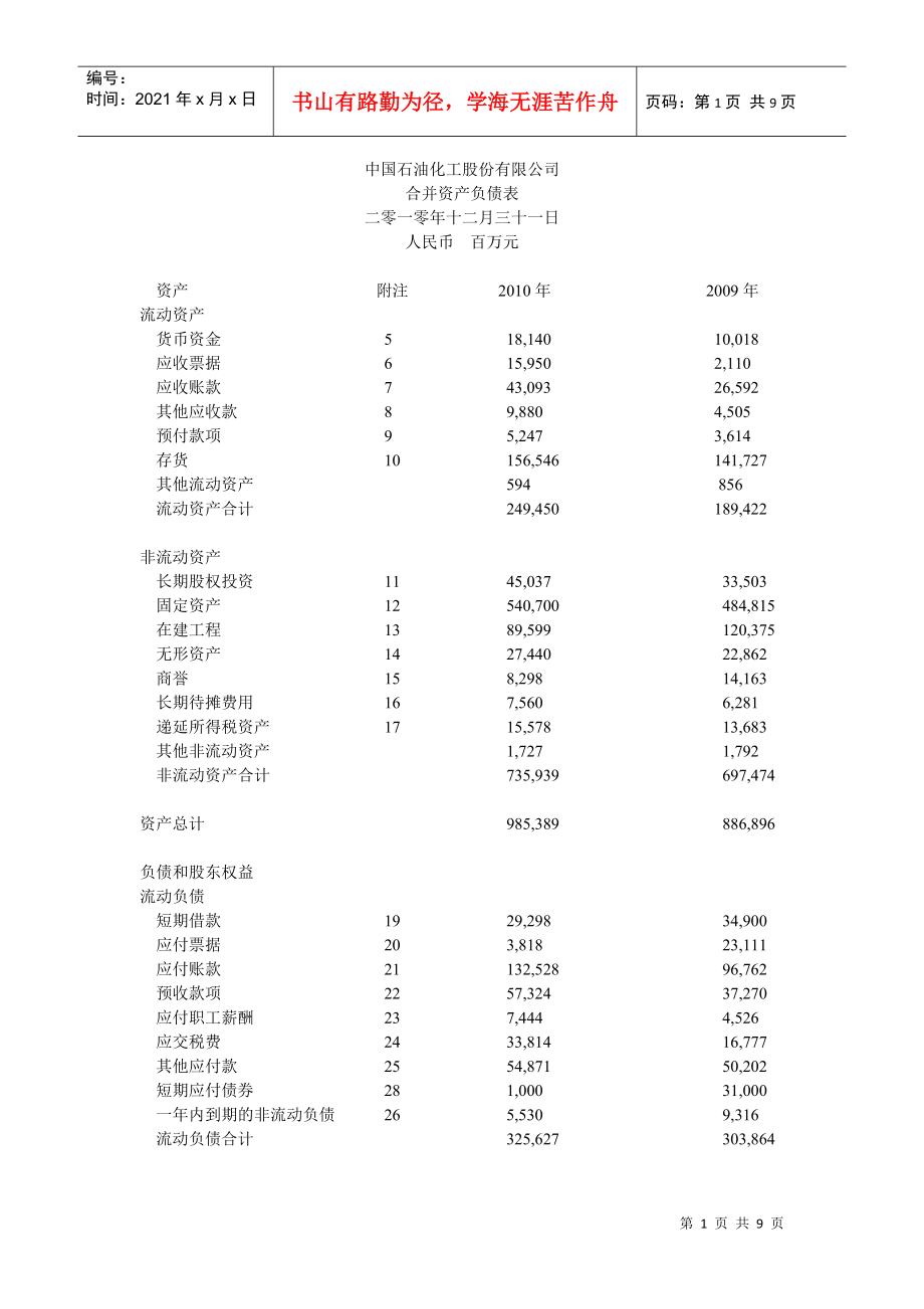 中石化XXXX财务报表_第1页