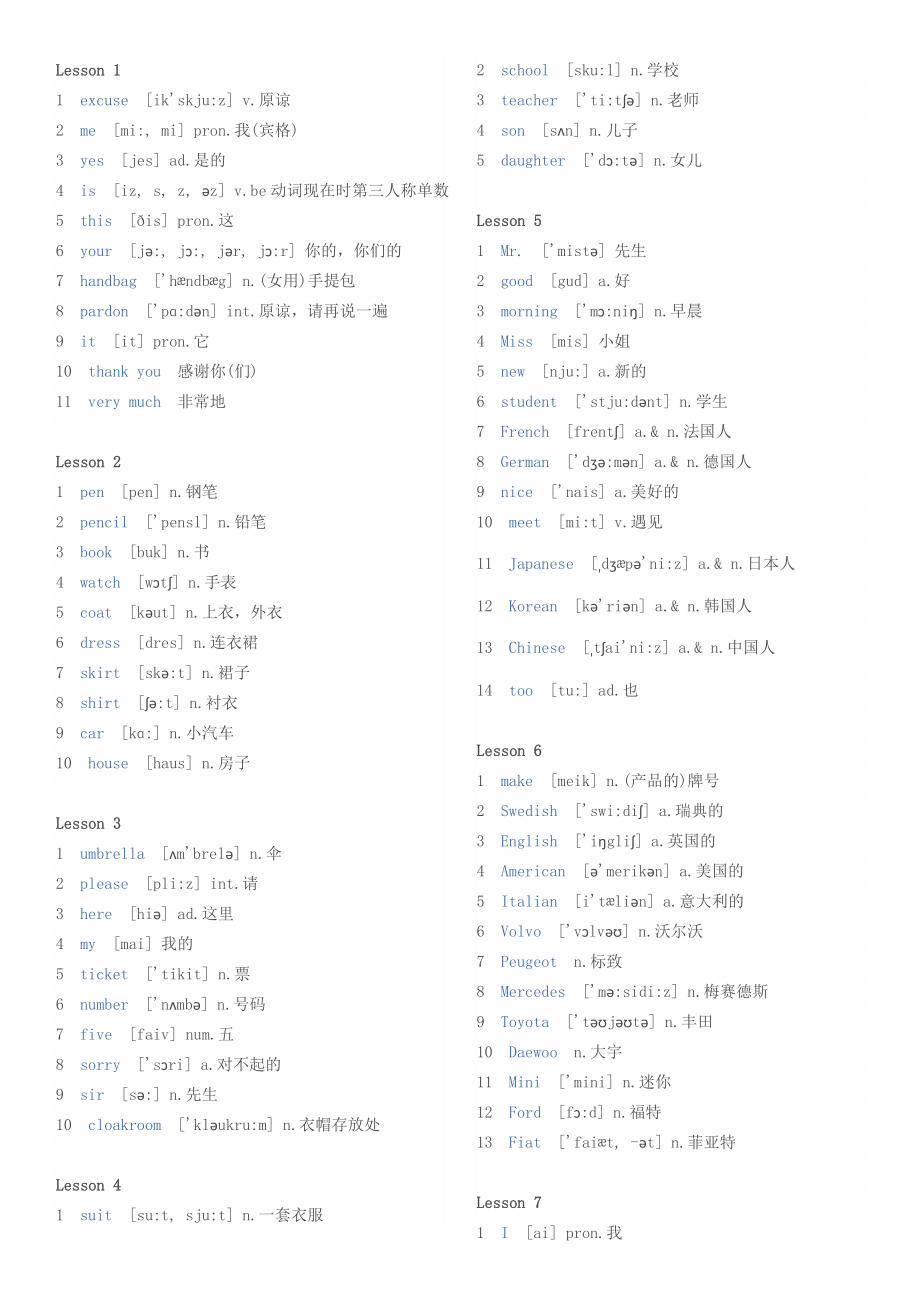 新概念英語第一冊(cè) 單詞表 帶音標(biāo) 分課_第1頁