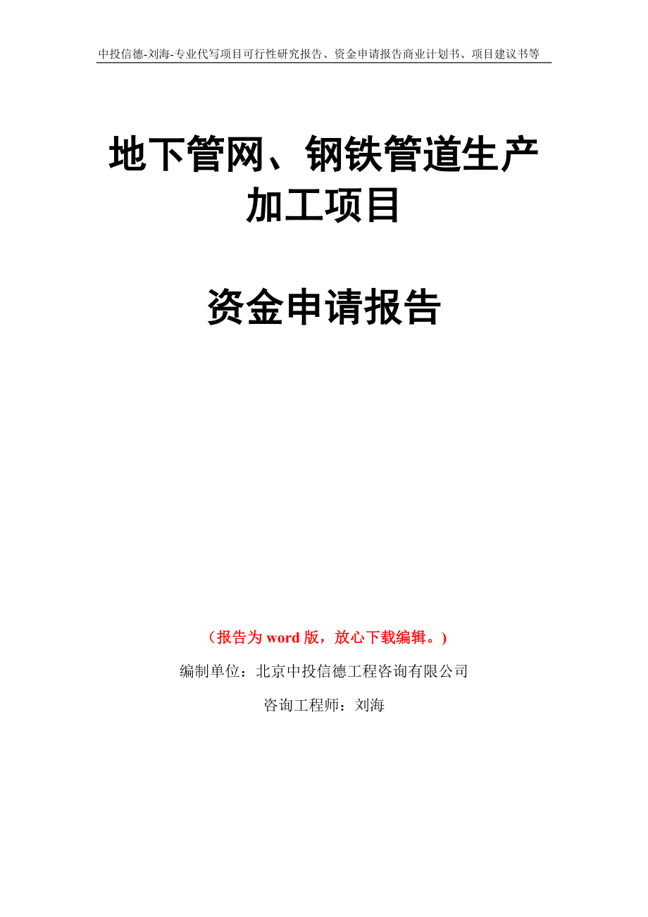 地下管网、钢铁管道生产加工项目资金申请报告写作模板代写_第1页