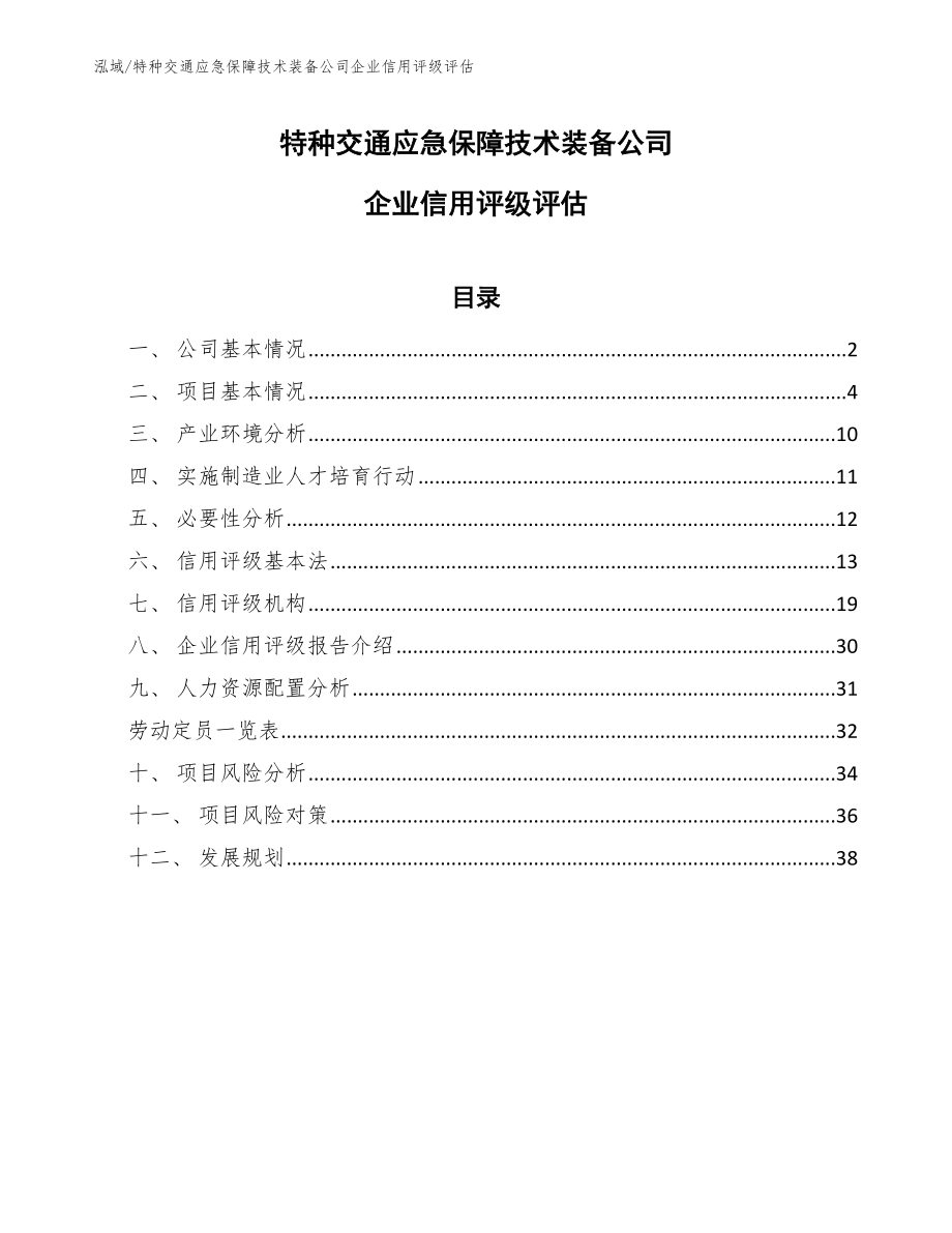 特种交通应急保障技术装备公司企业信用评级评估（范文）_第1页