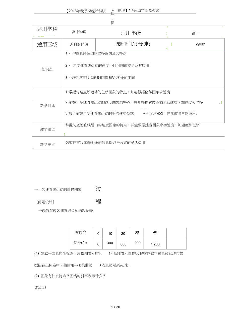 季課程滬科版高一物理4運(yùn)動(dòng)學(xué)圖像教案_第1頁