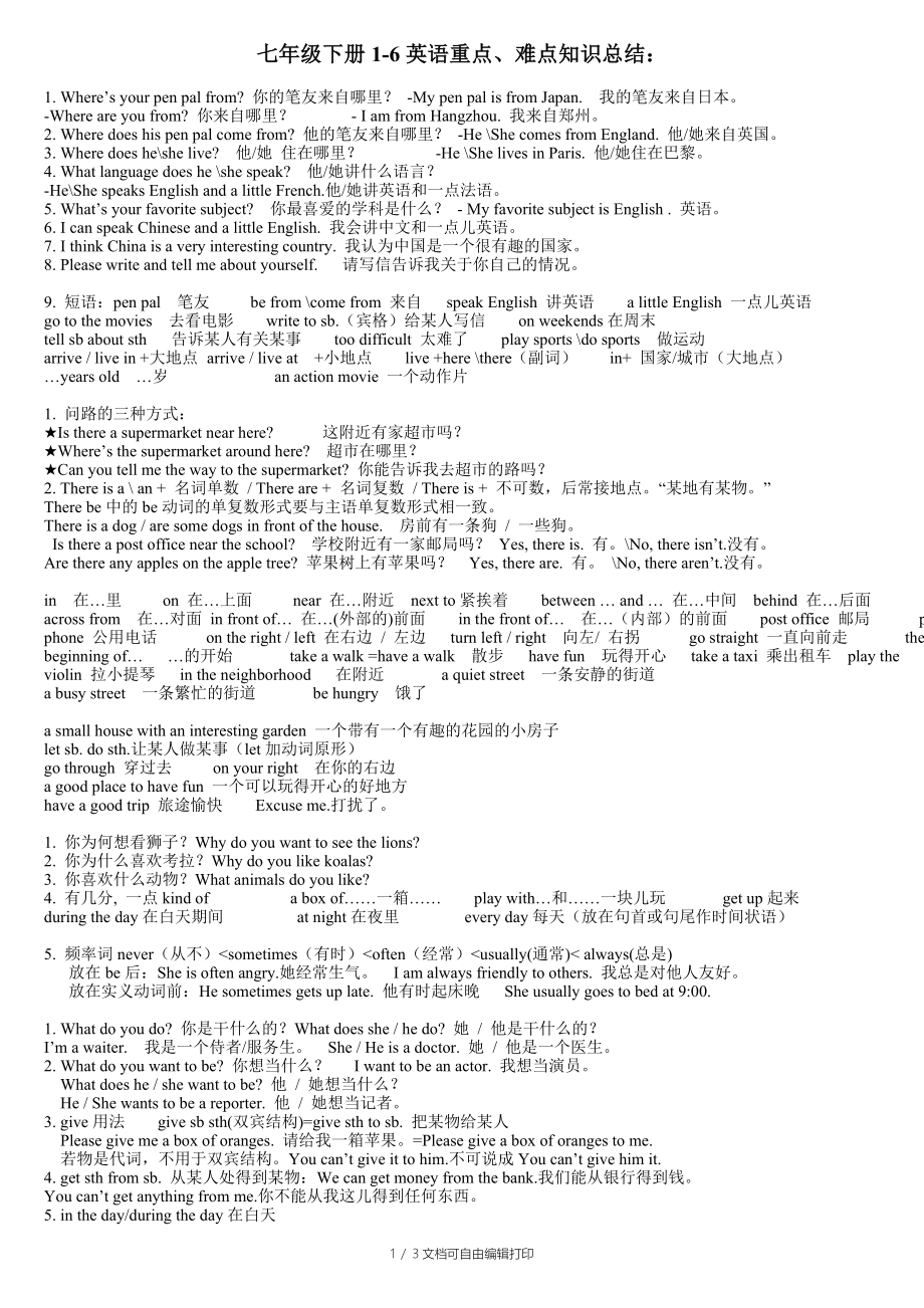 七年级下册1-6英语重点难点知识总结_第1页