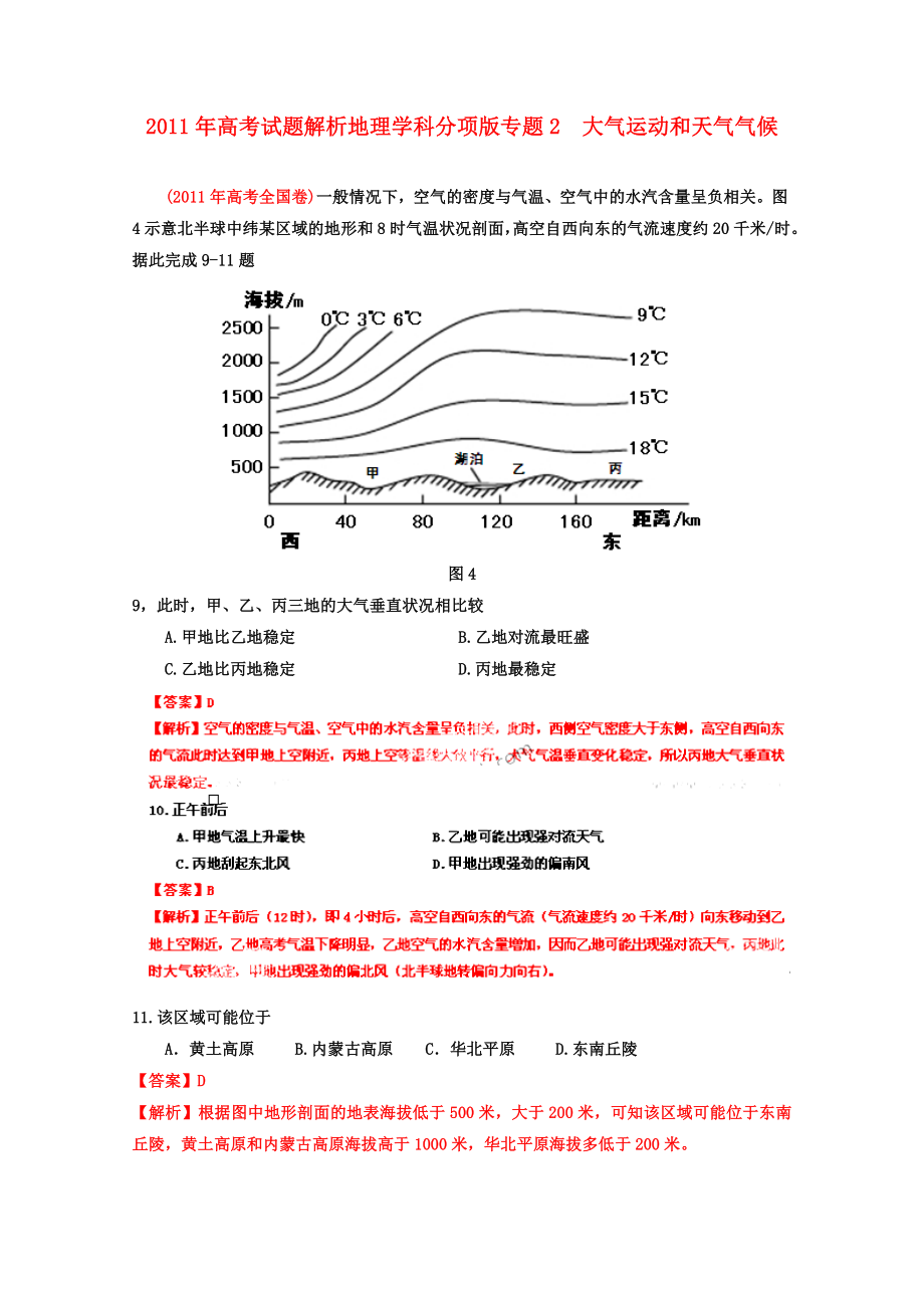 2011年高考地理試題解析分項版之 專題2 大氣運動和天氣氣候_第1頁