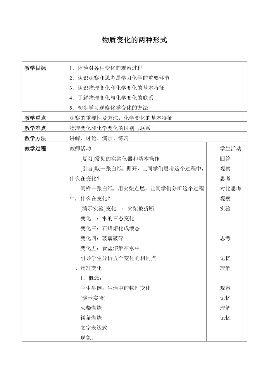 六年級(jí)上冊(cè)科學(xué)教案 - 物質(zhì)變化的兩種形式、伴隨著化學(xué)變化發(fā)生的現(xiàn)象 北京課改版_第1頁(yè)