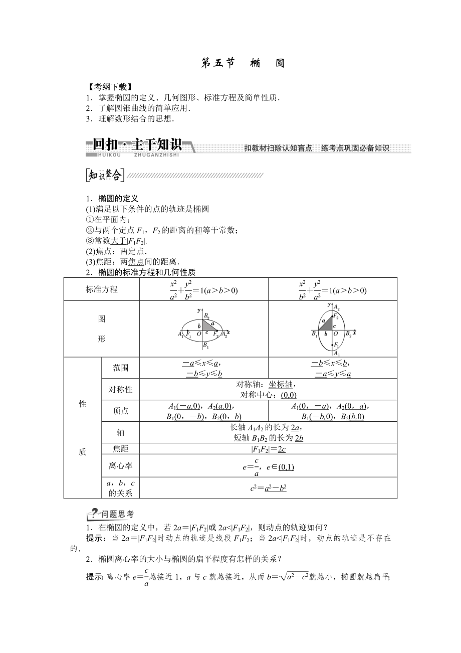 2015高考數(shù)學（理）一輪復習配套文檔：第8章 第5節(jié)　橢圓_第1頁