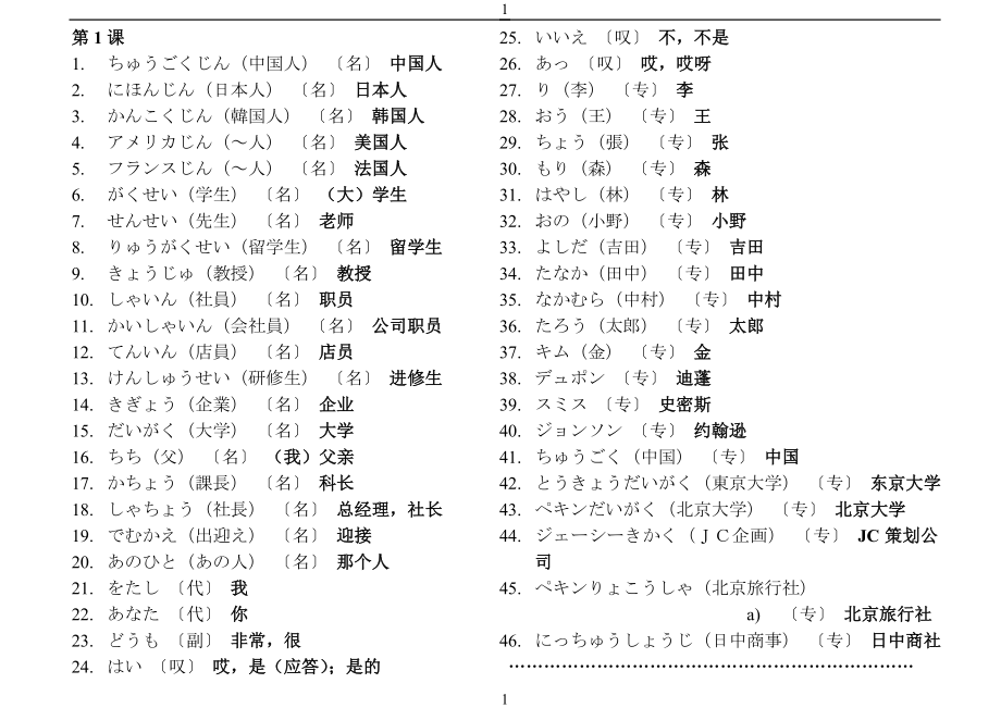 标准日本语初级全册1-48课生词表_第1页