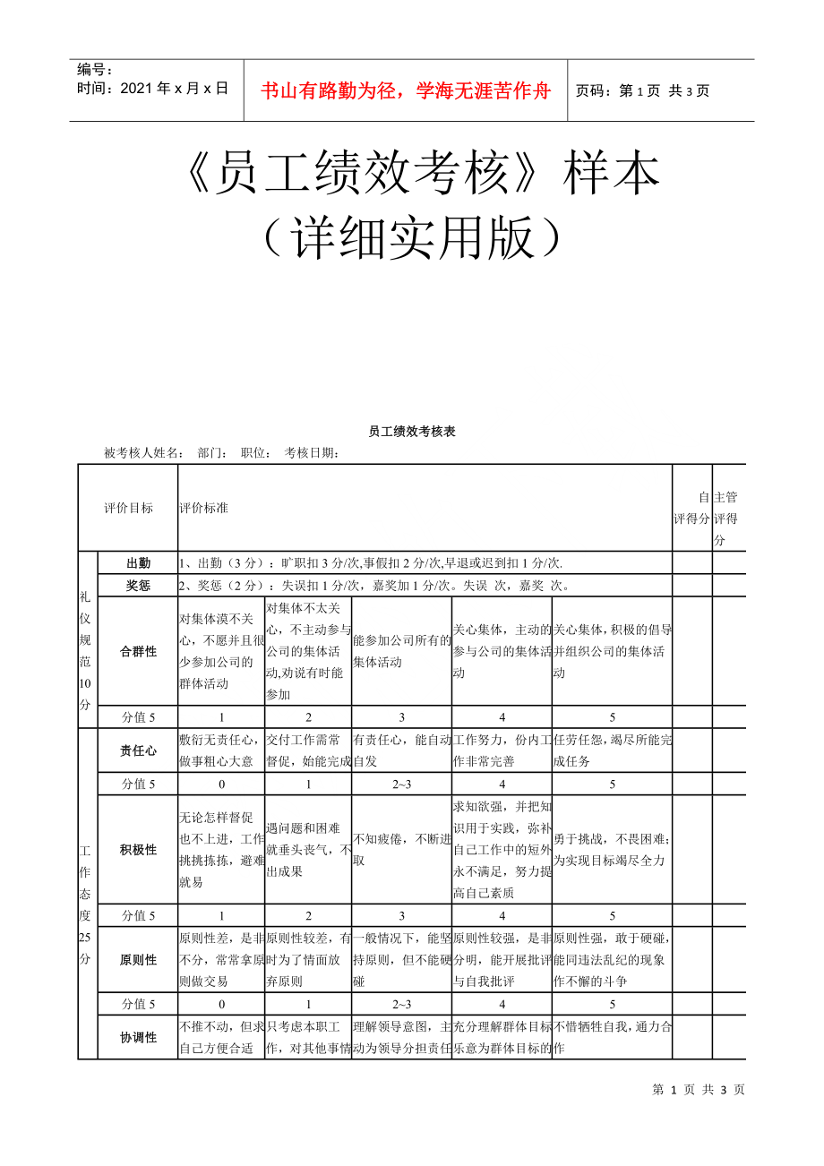 《員工績效考核》樣本（實用樣本）_第1頁