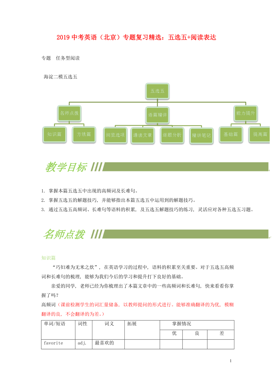 北京市2019中考英語二輪復(fù)習(xí) 五選五+閱讀表達(dá)3_第1頁