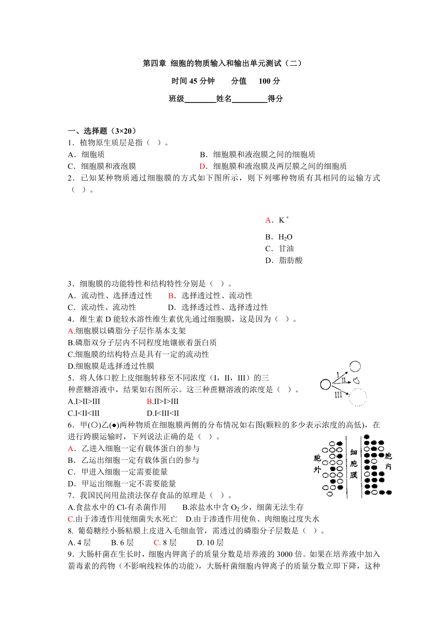 高一生物单元测试 -第四章 细胞的物质输入和输出(二)(新人教版)_第1页