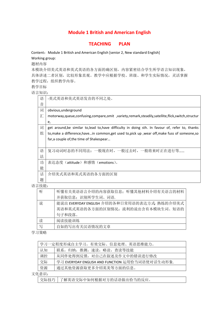 高中英語(yǔ)：Module 1 British and American English教案 （9頁(yè)）_第1頁(yè)