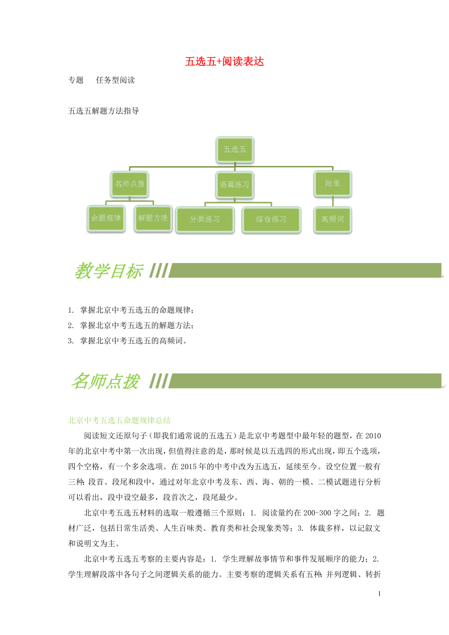 北京市朝陽(yáng)區(qū)2019中考英語(yǔ)二輪復(fù)習(xí) 五選五+閱讀表達(dá)_第1頁(yè)