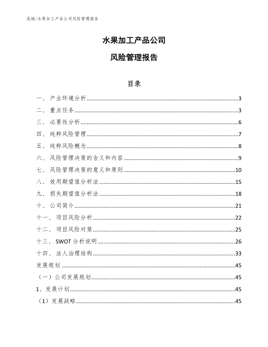 水果加工产品公司风险管理报告（范文）_第1页