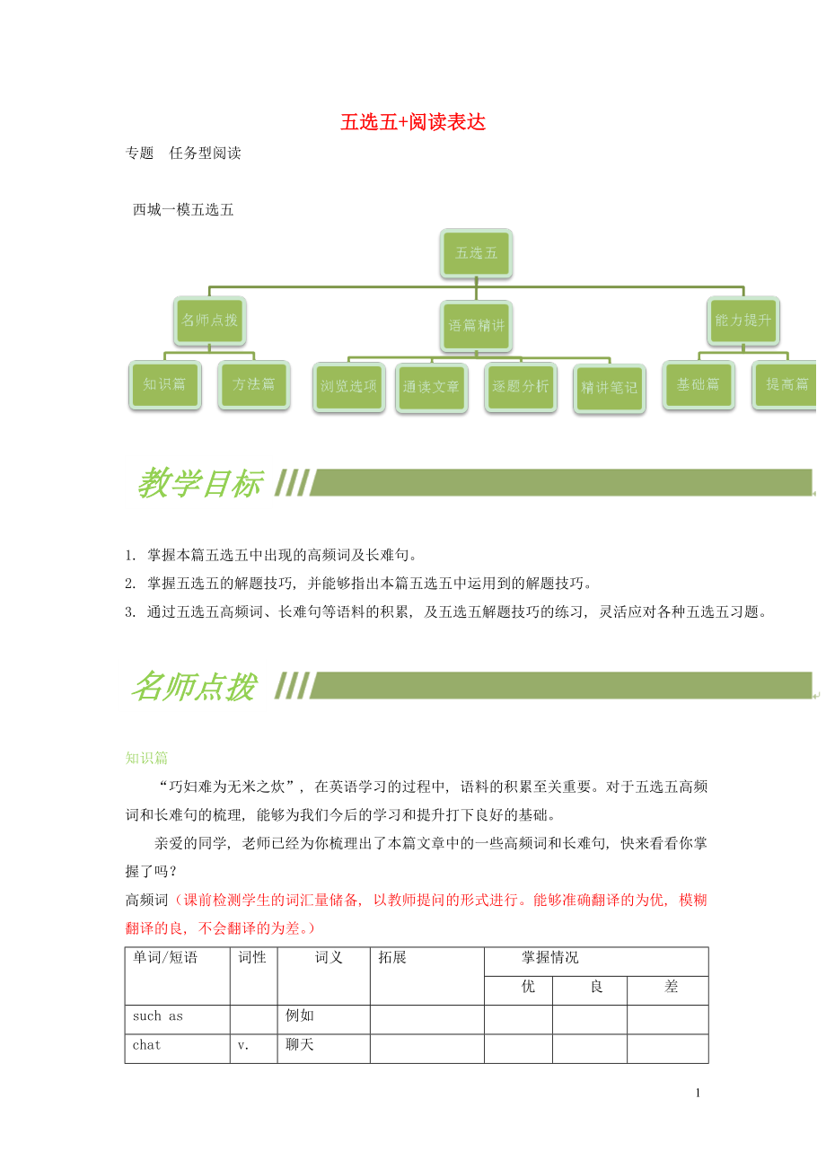 北京市2019中考英语二轮复习 五选五+阅读表达1_第1页