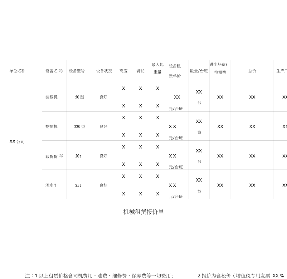 机械租赁报价单模板_第1页