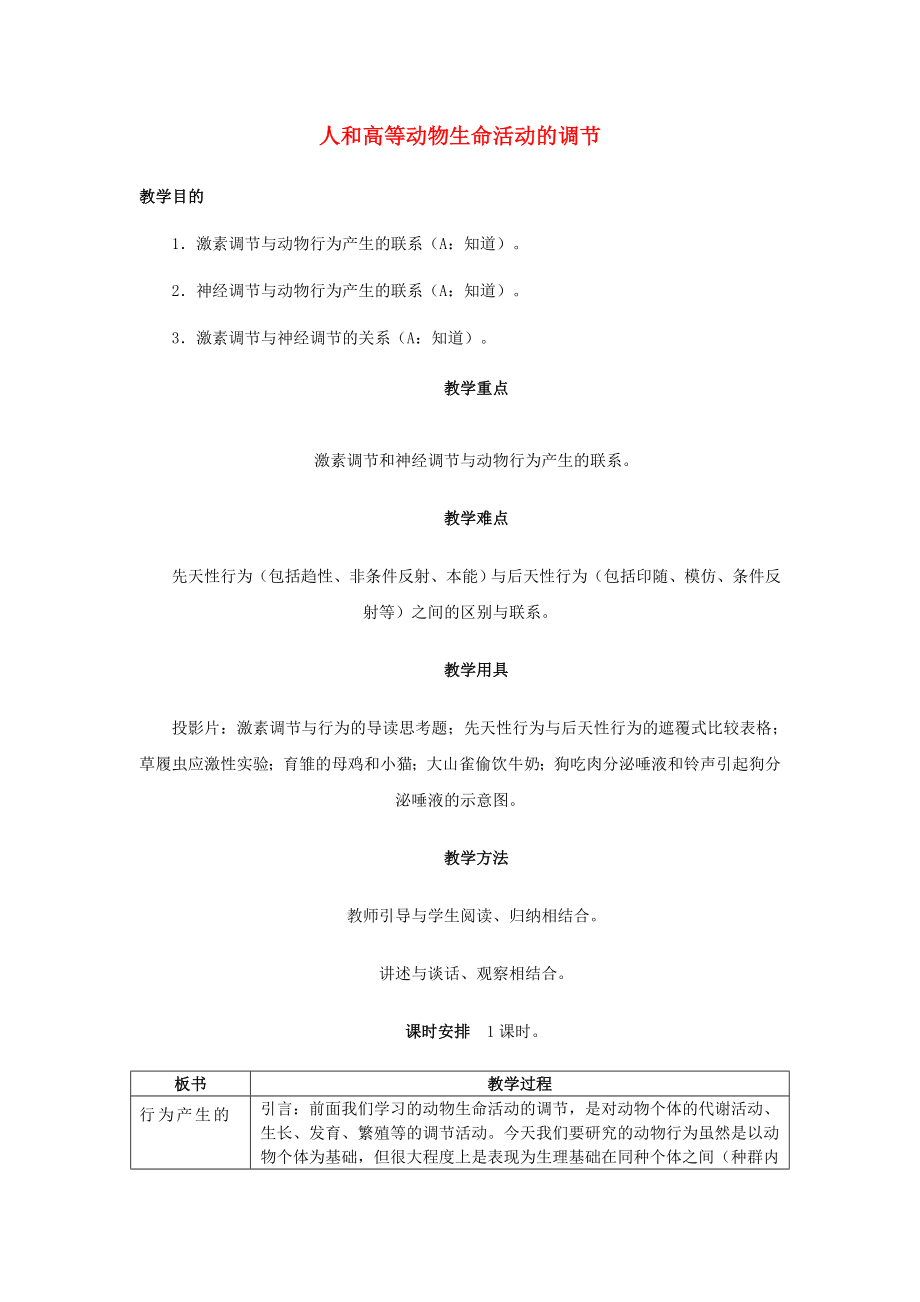 重慶市榮昌安富中學(xué)2014屆高一生物 人和高等動物生命活動的調(diào)節(jié) 動物行為產(chǎn)生的生理基礎(chǔ)教案_第1頁