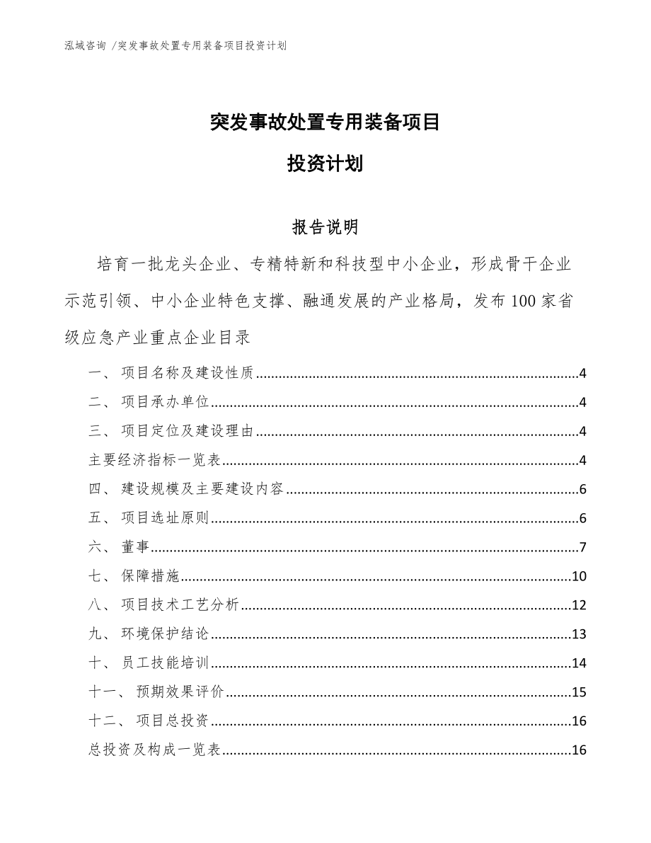 突发事故处置专用装备项目投资计划_第1页