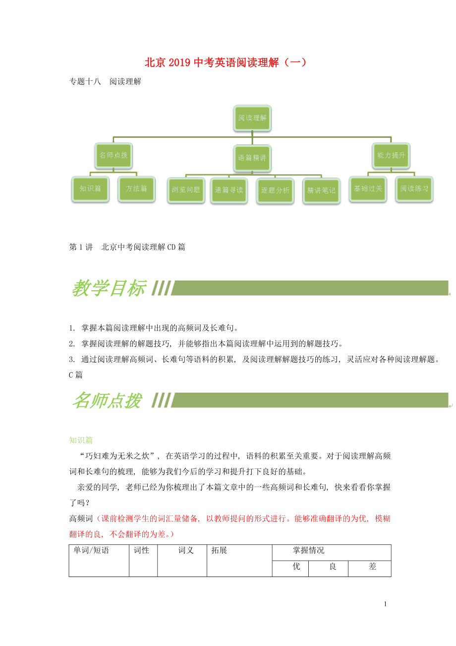 北京市2019中考英語二輪復習 閱讀理解（1）_第1頁