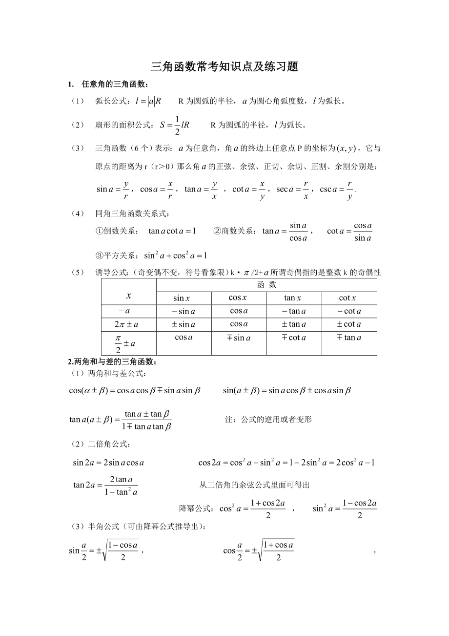 高中三角函数常考知识点及练习题_第1页